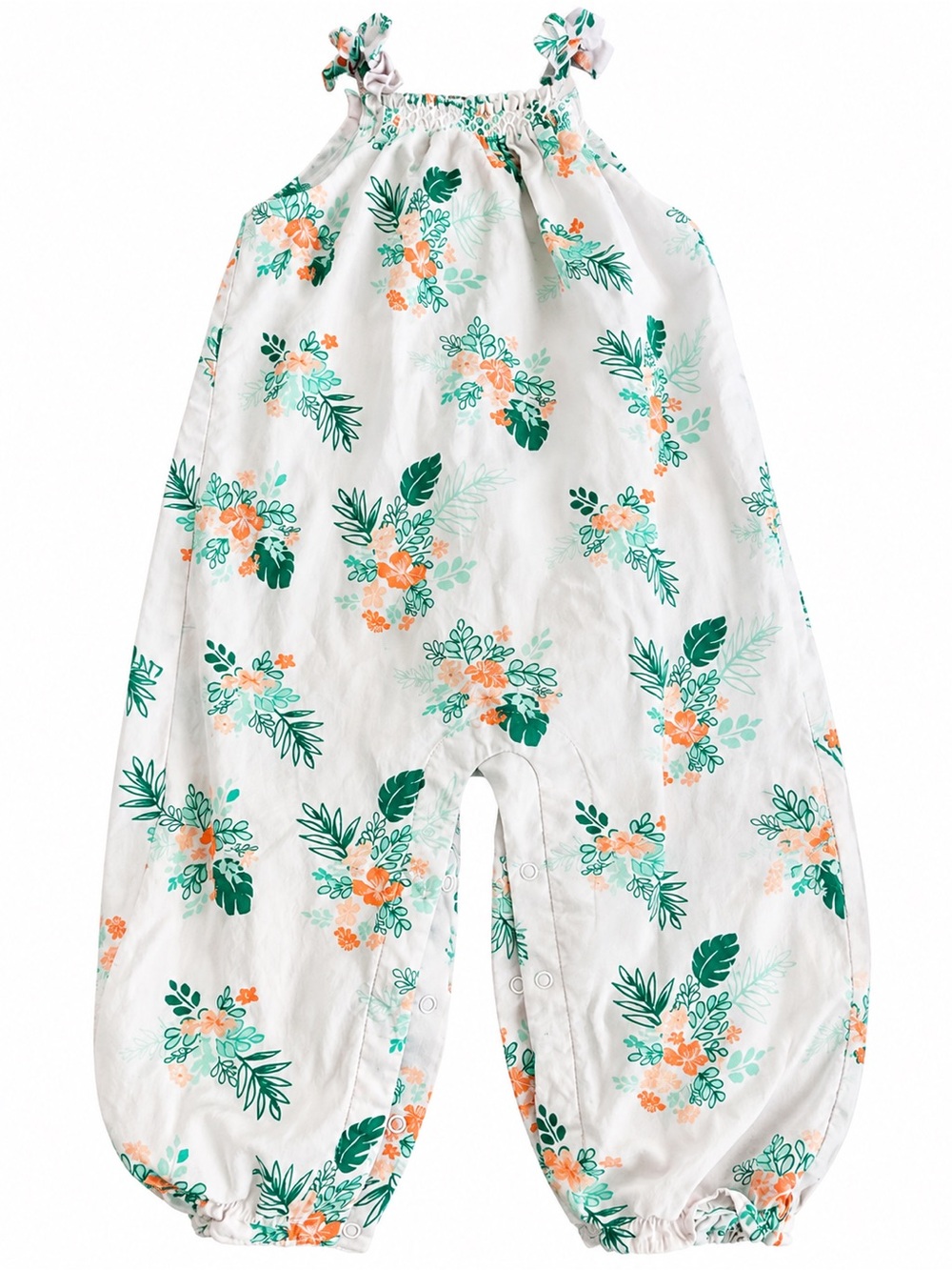 Janie and Jack White Floral Romper Pajama Set with Green and Peach Accents